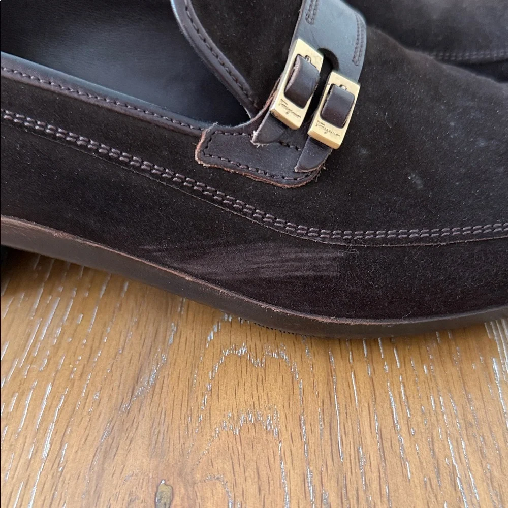 Ferragamo Men's Brown Suede Slip-On Loafers with Gold Buckle